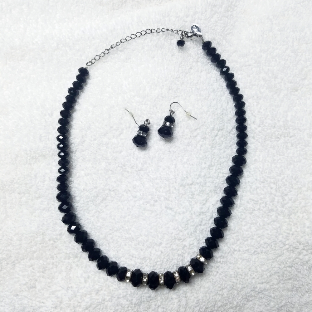 2028 Black Onyx Bead Choker Necklace & Earring Set